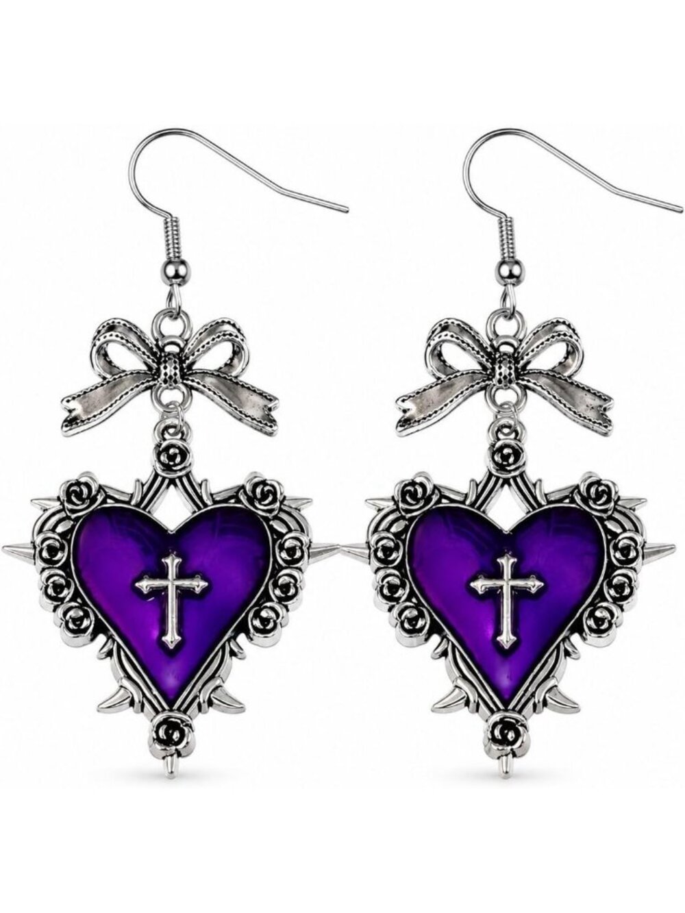 Women's Purple Silver Punk Gothic Heart Dark Romantic Dangle Drop Earrings